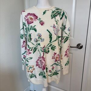 Adrienne Vittadini Sport Vintage Floral Cotton Knit Sweater Cream Pink Womens M